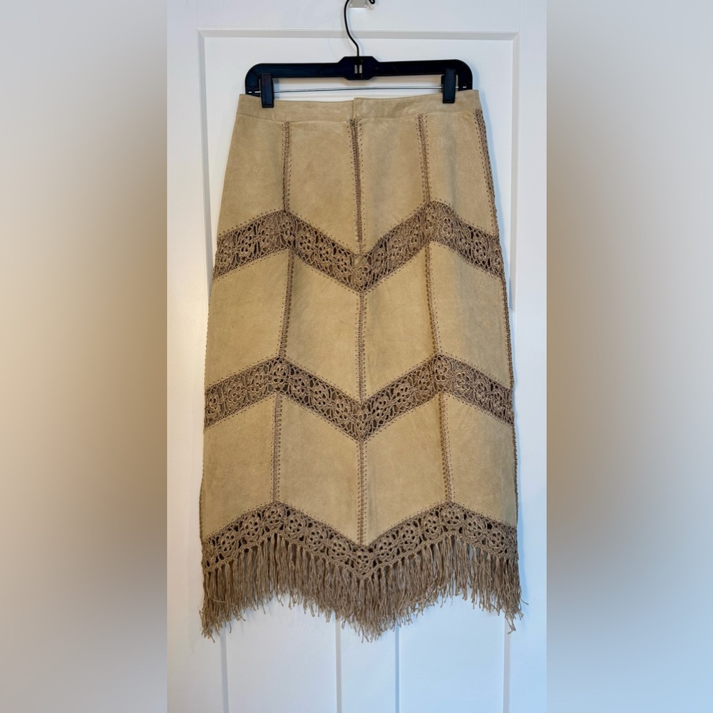 Lee Magraw Collection Vintage Suede Fringe Midi Skirt Beige Size 10 - Picture 11 of 16